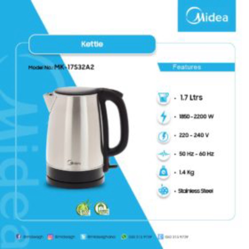 MIDEA ELECTRIC KETTLE 1.7LTR STAINLESS STEEL