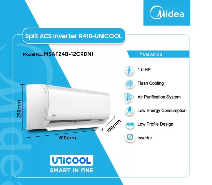 MIDEA SPLIT INVERTER R410 UNICOOL 1.5HP