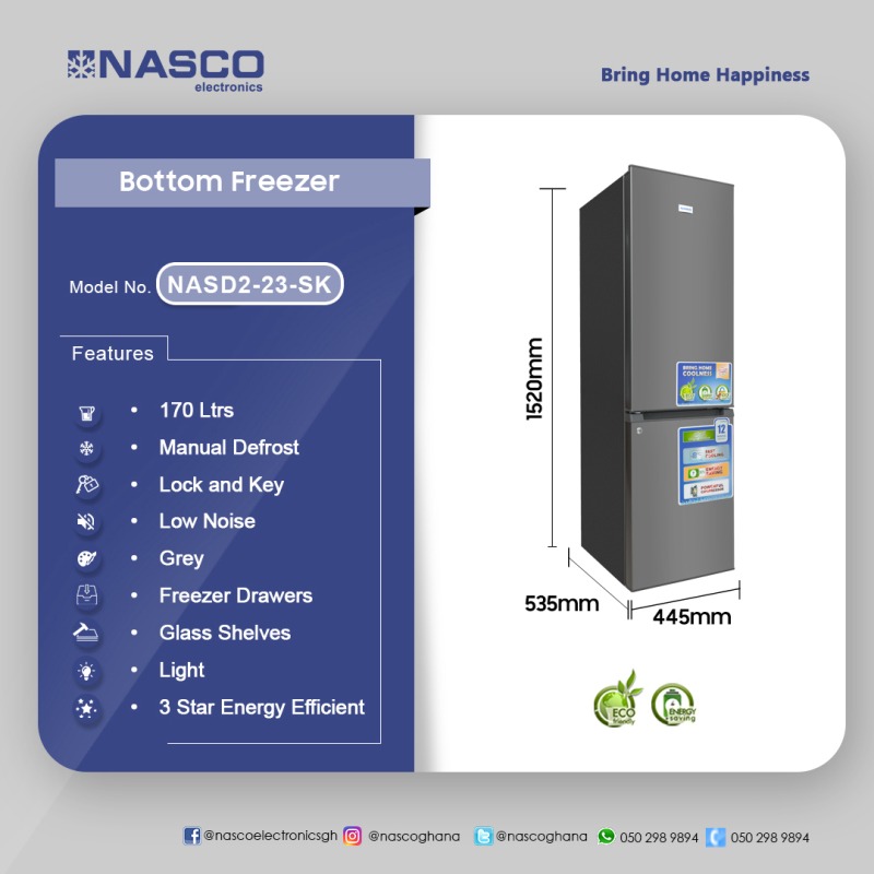 NASCO 170LTR BOTTOM FREEZER REFRIGERATOR