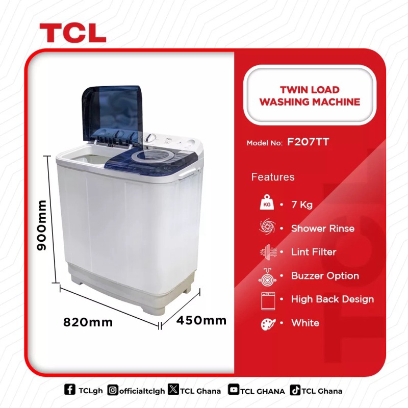TCL WASHING MACHINE TWIN TOP 7KG