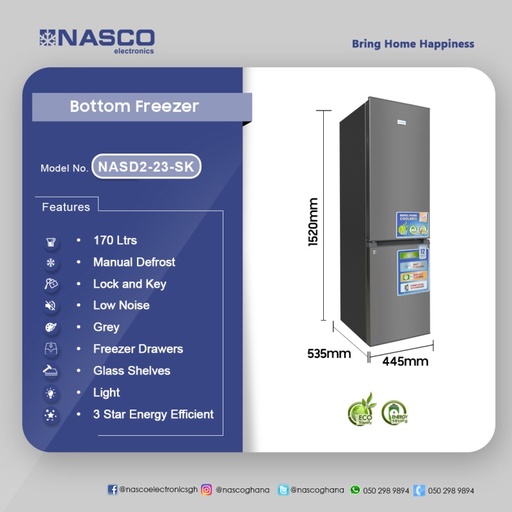 NASCO 170LTR BOTTOM FREEZER REFRIGERATOR