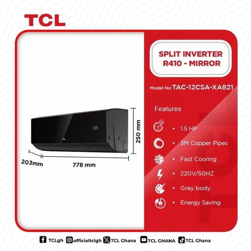 TCL INVERTER R410- BLACK MIRROR 1.5HP