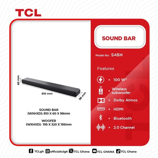 TCL SOUND BAR 100W S45H