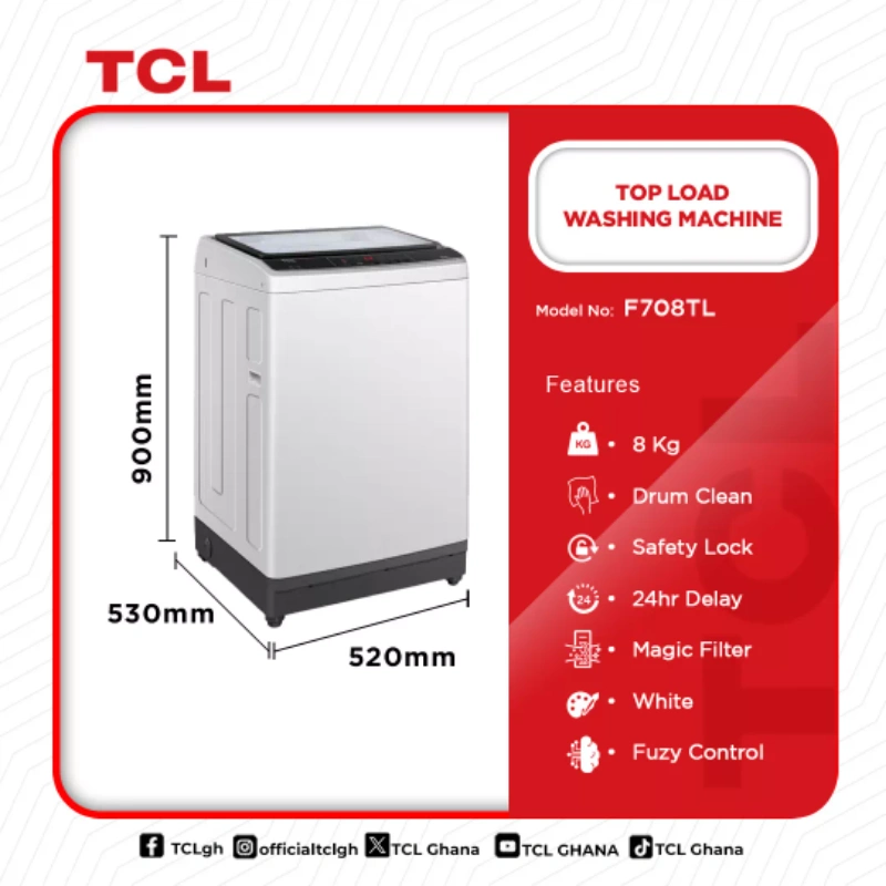 TCL TOP LOAD WASHING MACHINE 8KG