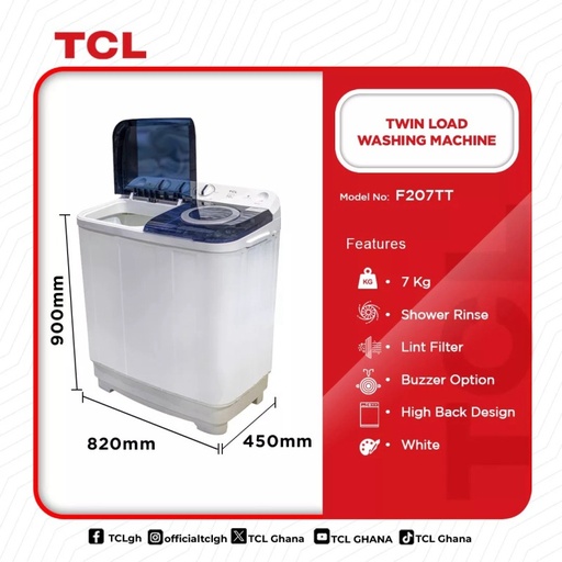 TCL WASHING MACHINE TWIN TOP 7KG